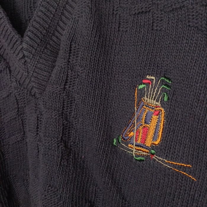 90s　アメリカ製　ハンドメイド　ニット　SCOTTISH ISLE　Vネック　3Dニット　セーター　刺繍ロゴ　ゴルフ　ネイビー　L | Vintage.City 古着屋、古着コーデ情報を発信