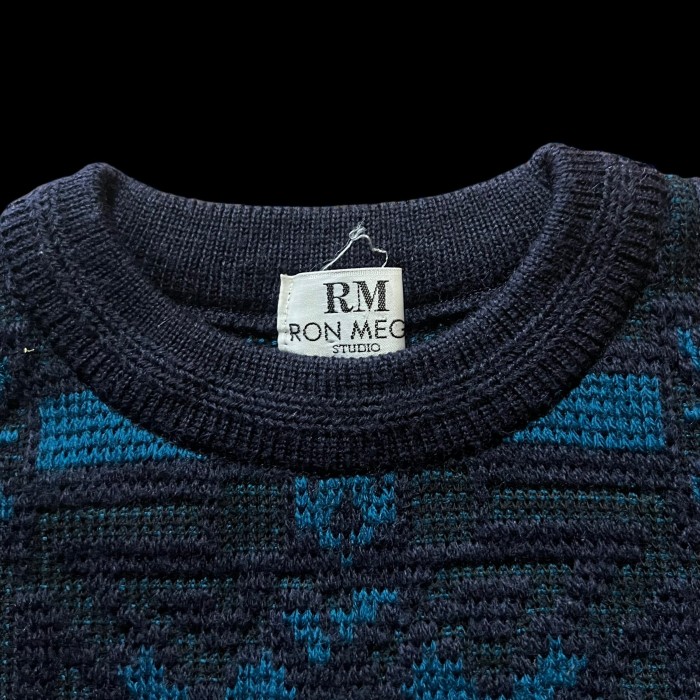 e15/RM RON MEGA/design knit/long sleeve/tops/mulch color/men's/sizeM 総柄ニット デザインニット トップス ブルー ブラック メンズM | Vintage.City 古着屋、古着コーデ情報を発信