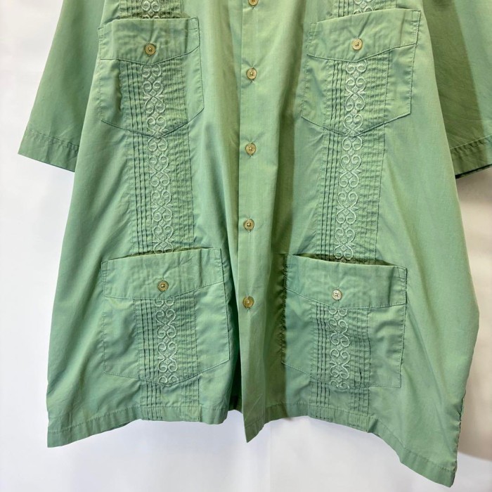 90s 古着 キューバシャツ 半袖 刺繍 ライン 4つポケット グリーン XL | Vintage.City 빈티지숍, 빈티지 코디 정보
