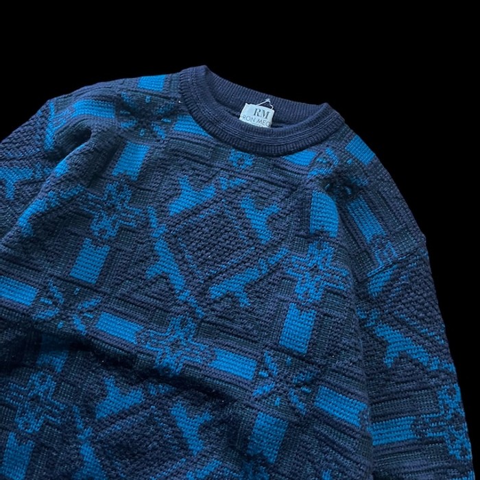 e15/RM RON MEGA/design knit/long sleeve/tops/mulch color/men's/sizeM 総柄ニット デザインニット トップス ブルー ブラック メンズM | Vintage.City 古着屋、古着コーデ情報を発信