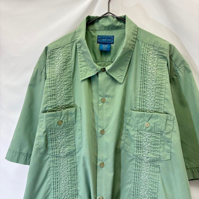 90s 古着 キューバシャツ 半袖 刺繍 ライン 4つポケット グリーン XL | Vintage.City 빈티지숍, 빈티지 코디 정보