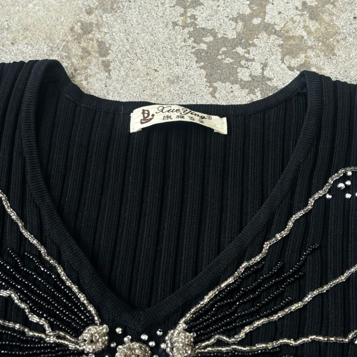 ビーズ刺繍 リブトップス 半袖 黒 ブラック 花柄 レディース #433 | Vintage.City 빈티지숍, 빈티지 코디 정보