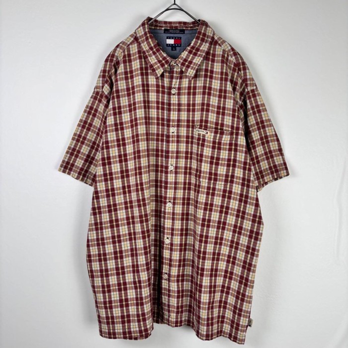 古着 90s トミージーンズ フラッグロゴ シャツ 半袖 チェック レッド L | Vintage.City 빈티지숍, 빈티지 코디 정보