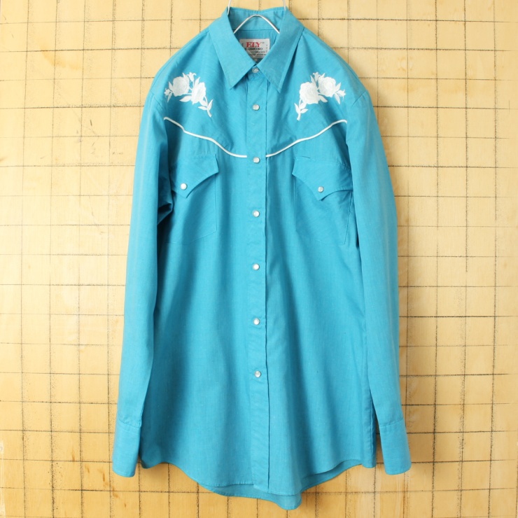 80s 90s USA ELY 花柄 ウエスタン シャツ ブルー メンズS 刺繍 長袖 