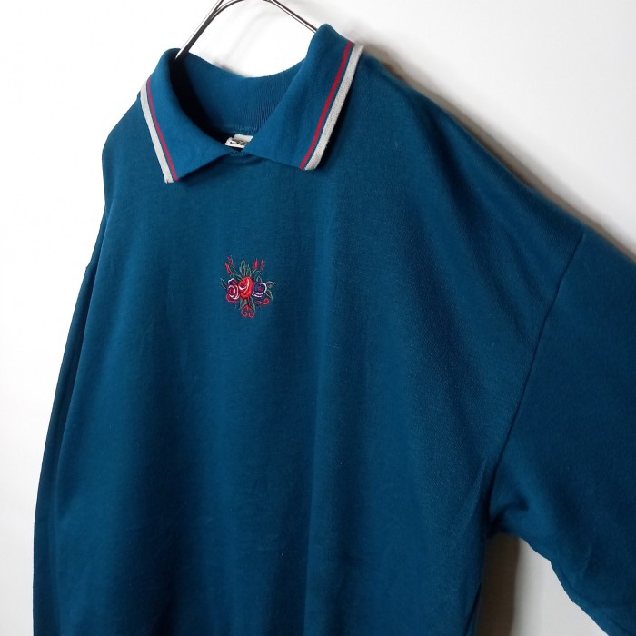 90s　ポロスウェット　ポロシャツ　トレーナー　フロント刺繍　花柄　エメラルド　青緑　L | Vintage.City 古着屋、古着コーデ情報を発信