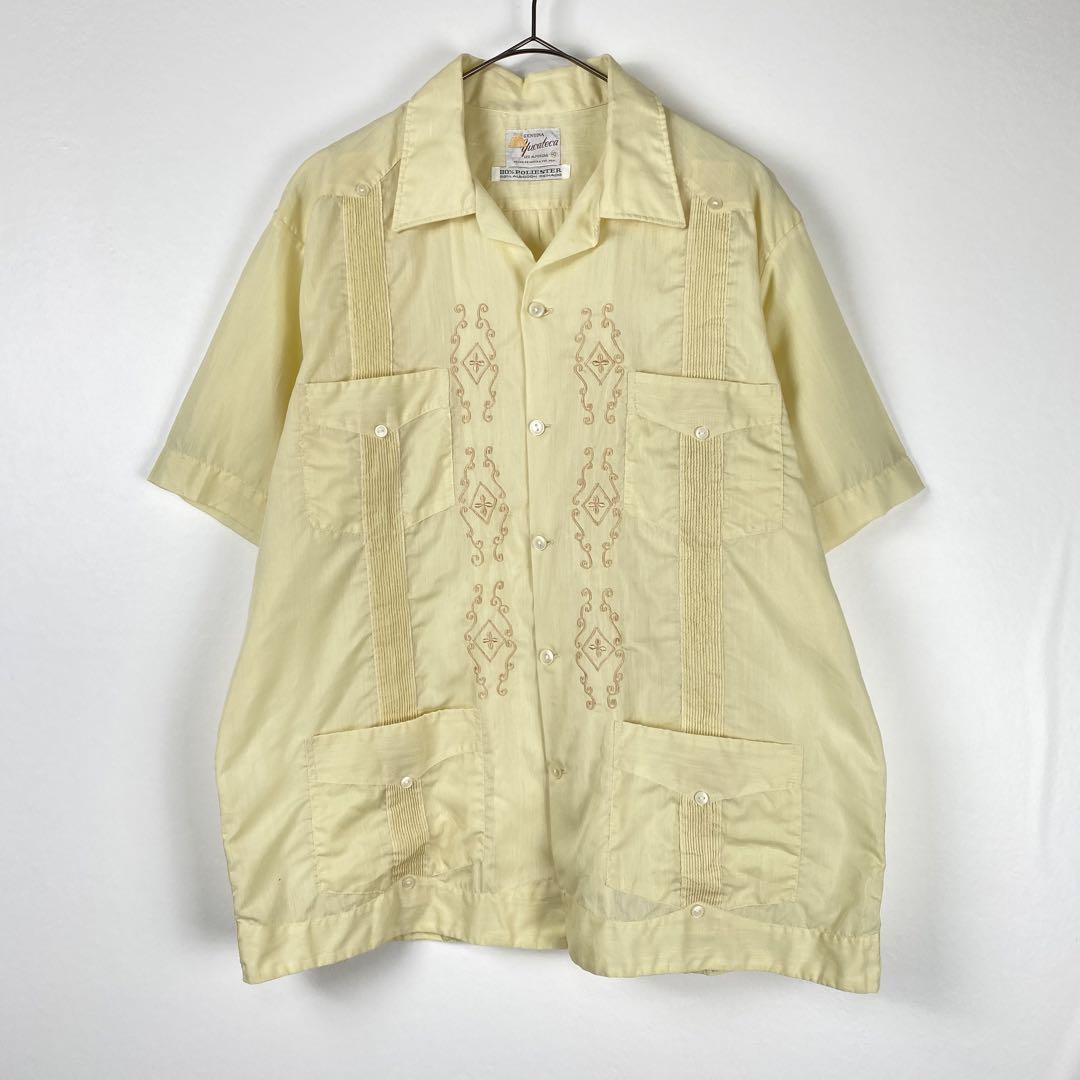 古着 70s キューバシャツ オープンカラー 半袖 刺繍 ライン イエロー L 