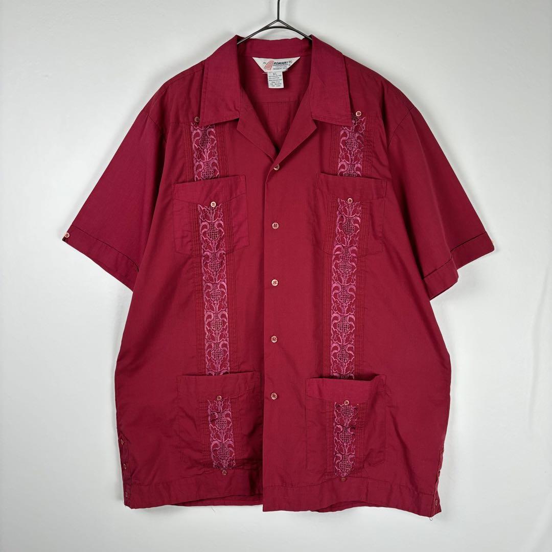 古着 美品 70s キューバシャツ 開襟 半袖 刺繍 豪華 ライン レッド XL 