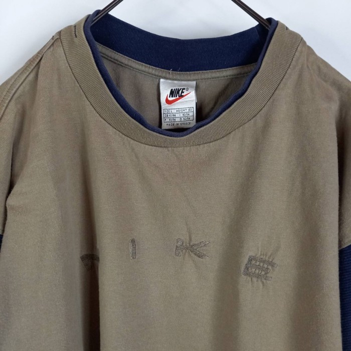90s　ギリシャ製　ユーロナイキ　Tシャツ　半袖　刺繍　スウォッシュ　ベージュ　ネイビー　L | Vintage.City 빈티지숍, 빈티지 코디 정보