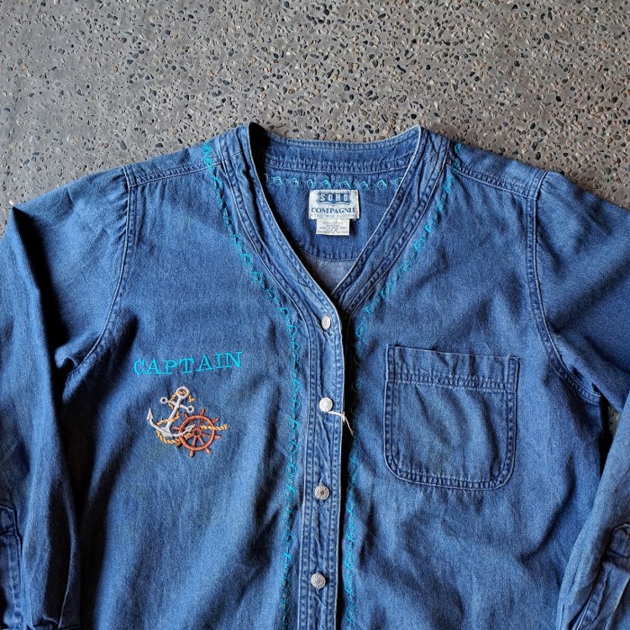 刺繍ノーカラーデニムシャツ used [305032] | Vintage.City 빈티지숍, 빈티지 코디 정보